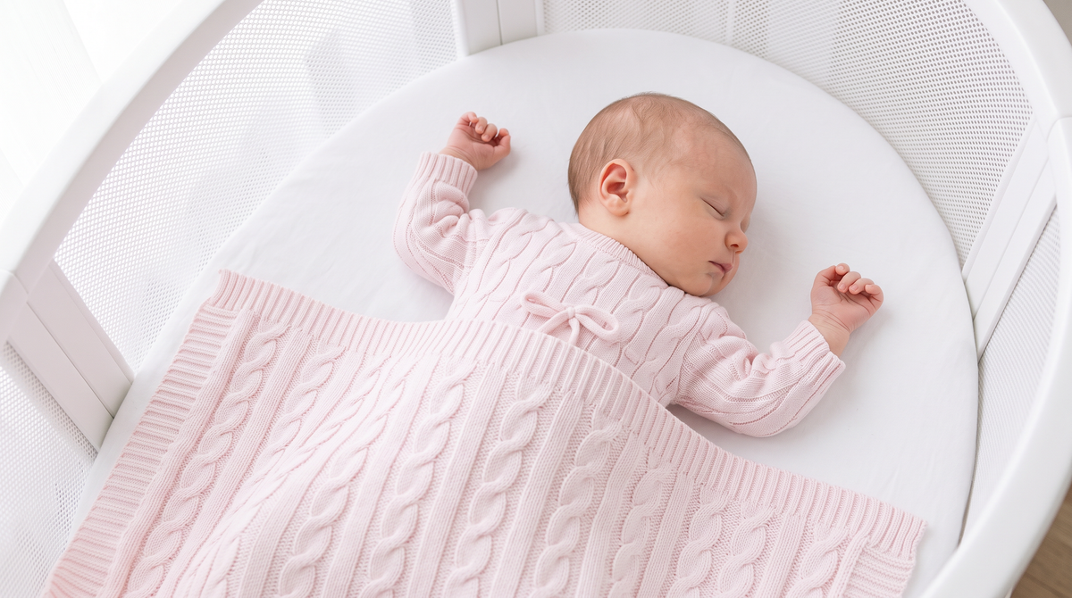 Bebê dormindo no berço com macacão e manta de tricô rosa da Ninou
